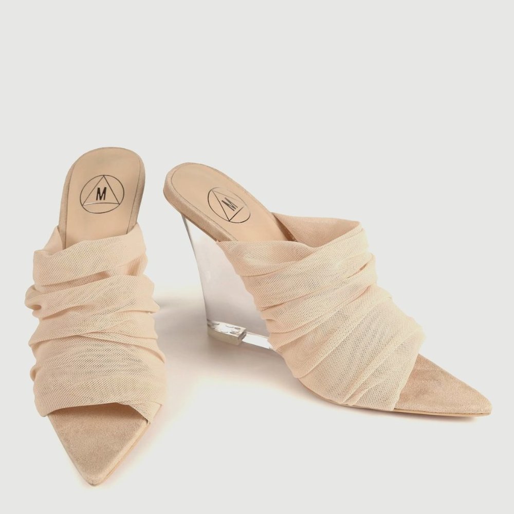 Missguided Nude Mesh Clear Wedge Pointed Toe Heels